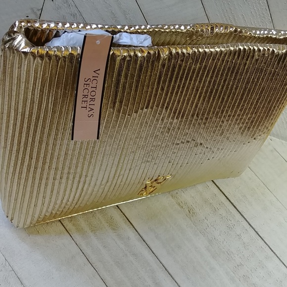 NWT Victoria's Secret Gold Pleated Makeup Bag - Picture 3 of 9